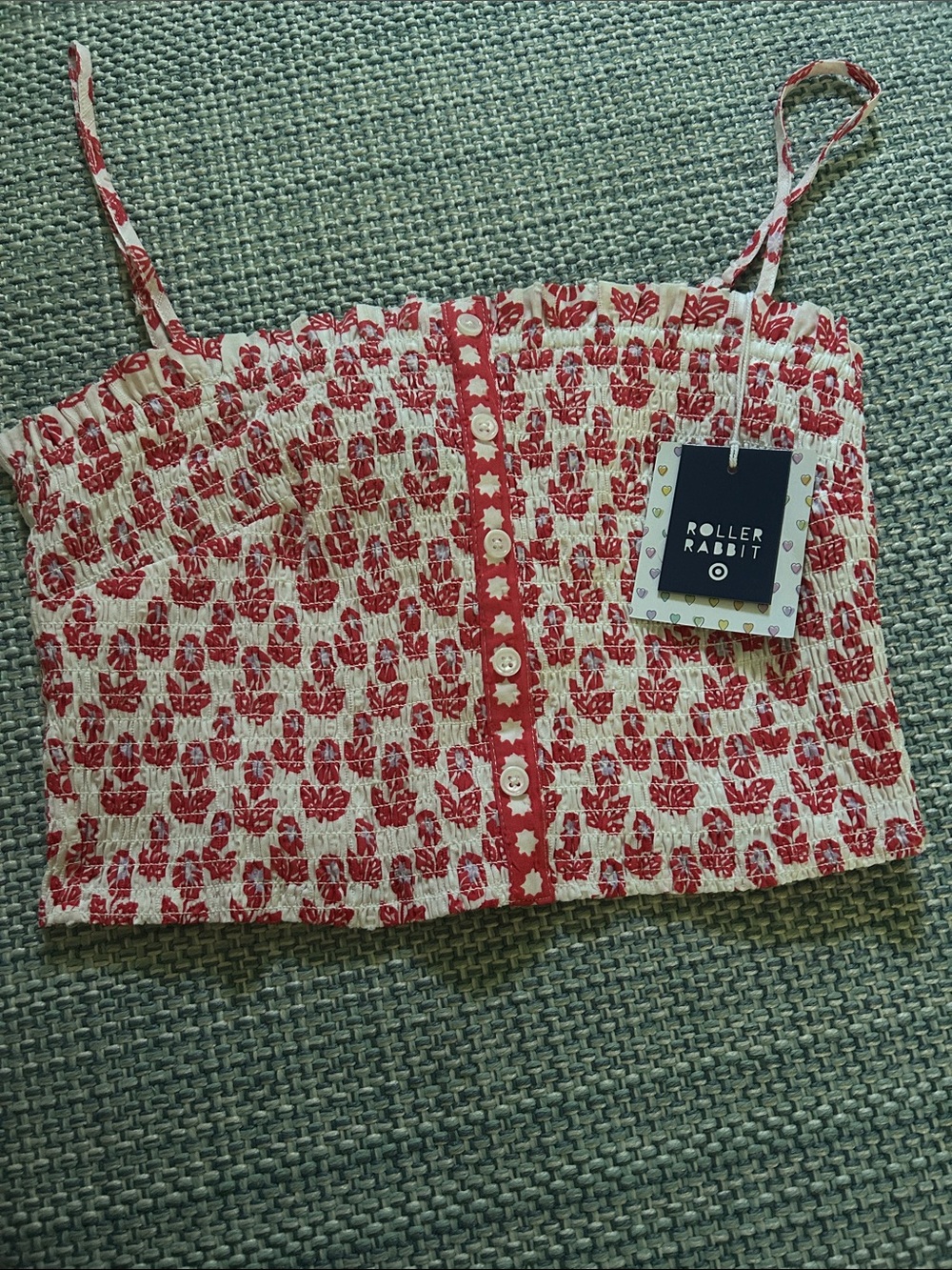 Roller Rabbit Red and White Floral Smocked Crop Tank